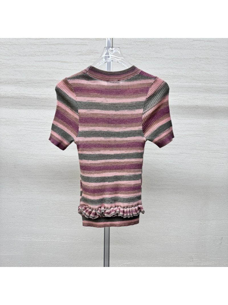 Chanel Striped Knit Round Neck Baby Tee with Ruffled Hem and Signature CC Logo in Gradient Mauve and Rose