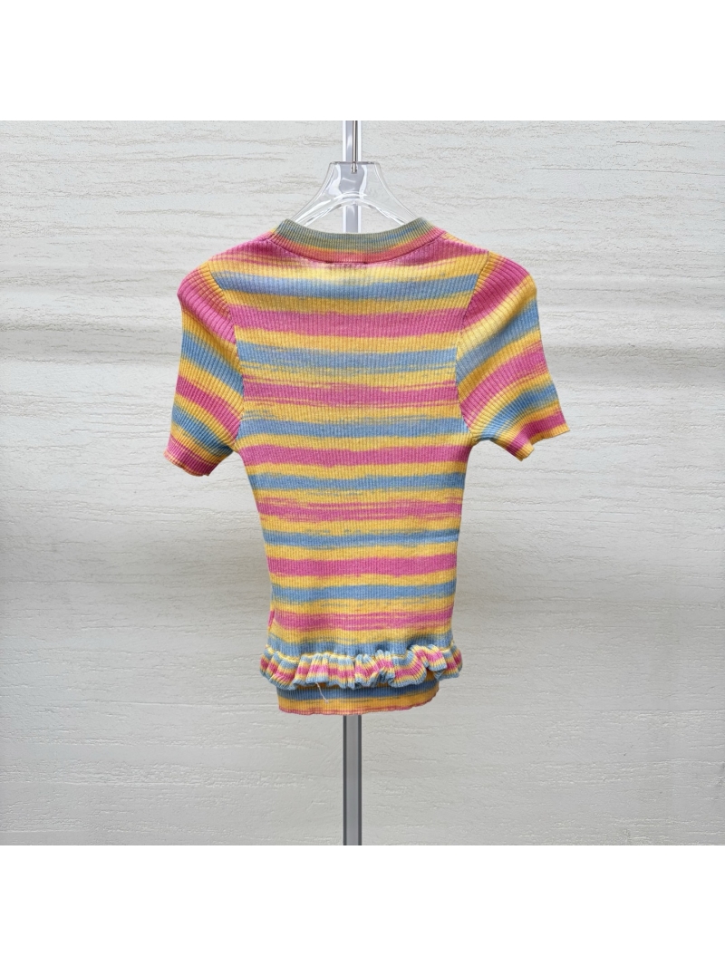 Chanel Signature CC Logo Striped Knit Short Sleeve Top in Vibrant Pastel Gradient