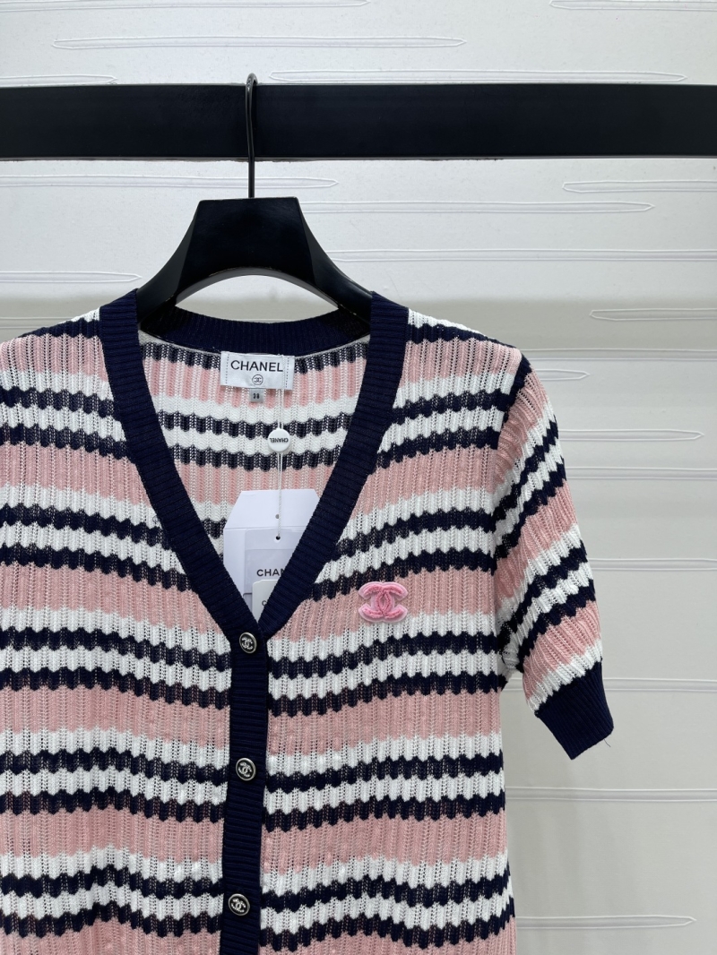 Chanel Wave Stripe Silk-Wool Knit V-Neck Cardigan - Exquisite Navy and Pastel Pink