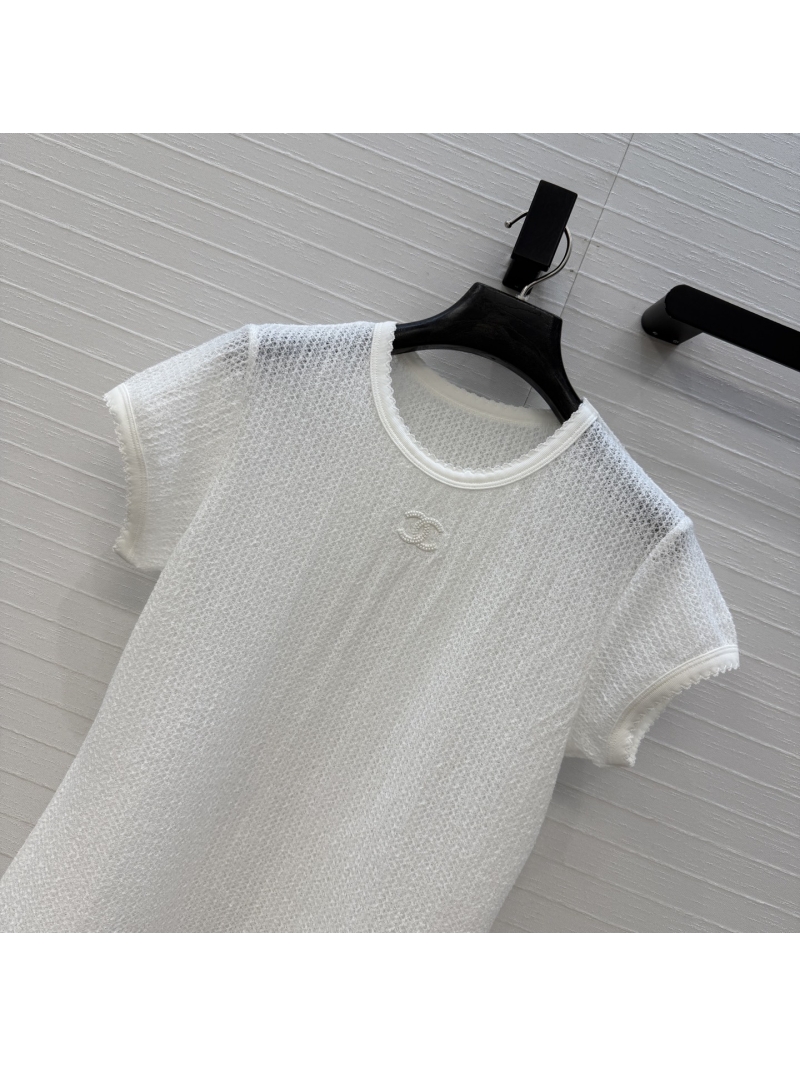 Chanel Waffle Mesh Knit Scalloped Short-Sleeved Top in White