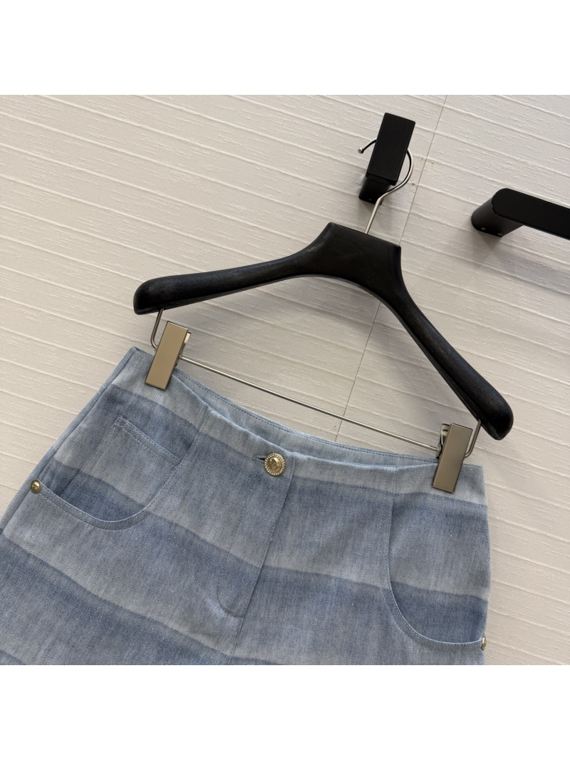 Chanel Exquisite Striped Shimmer Gradient Lightweight Denim High-Waisted Shorts