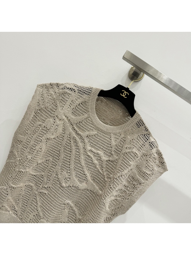 Chanel Sequin Linen-Cotton Pointelle Knit Vest in Champagne Beige