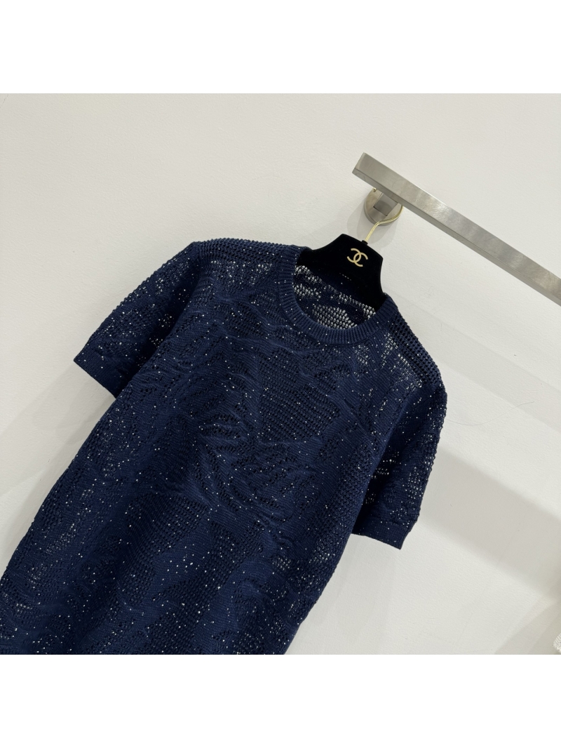 Chanel Sequin Linen-Cotton Pointelle Knit Tunic in Navy Blue