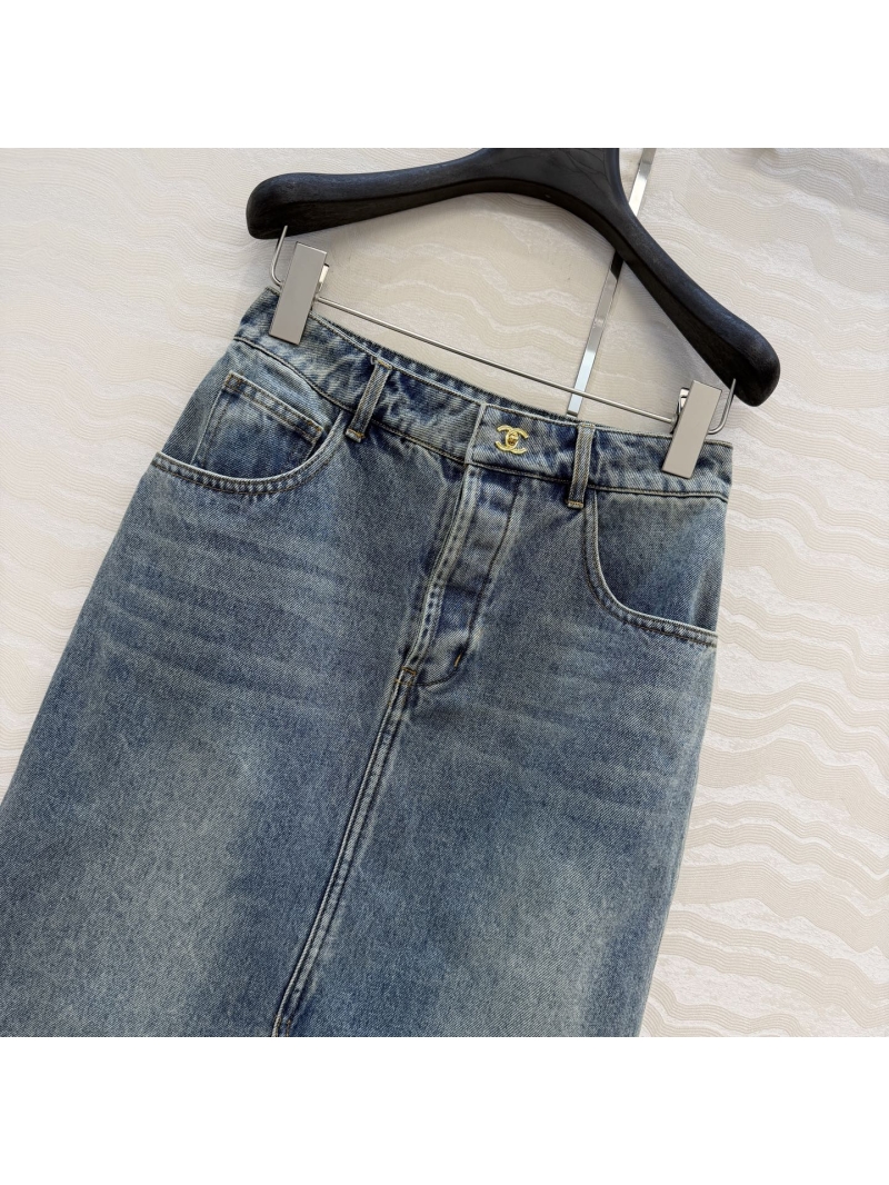 Chanel Organic Cotton Vintage Washed Denim Midi Skirt with Tweed Trim