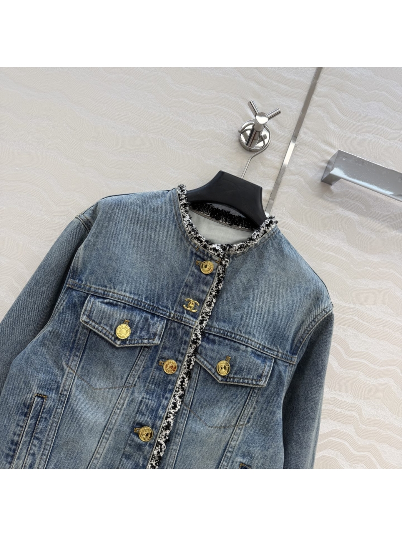 Chanel Organic Pure Cotton Vintage Washed Denim Jacket with Woven Tweed Trim in Blue