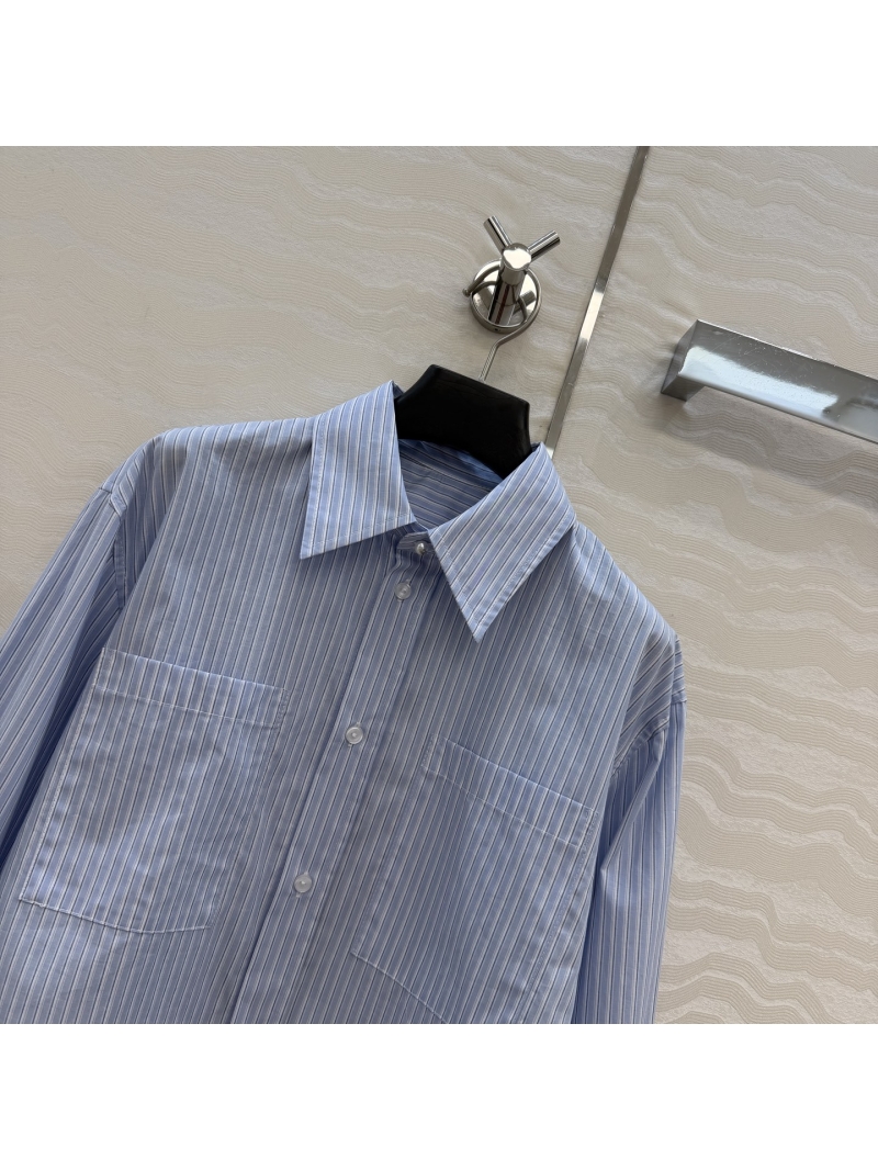 Chanel Signature Poplin Cotton Striped Cropped Shirt with Pearl Buttons and Chain Trim