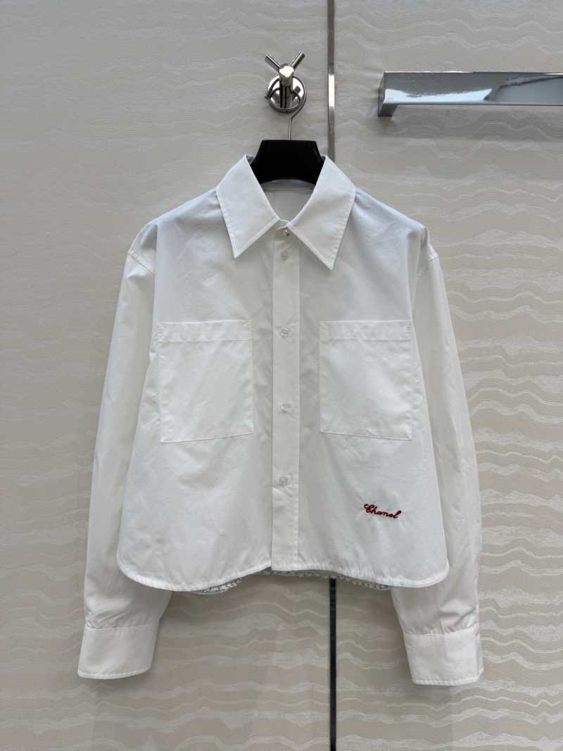 Chanel Imported Cotton Poplin Cropped Blouse with Pearl Buttons and Signature Chain Detail in White