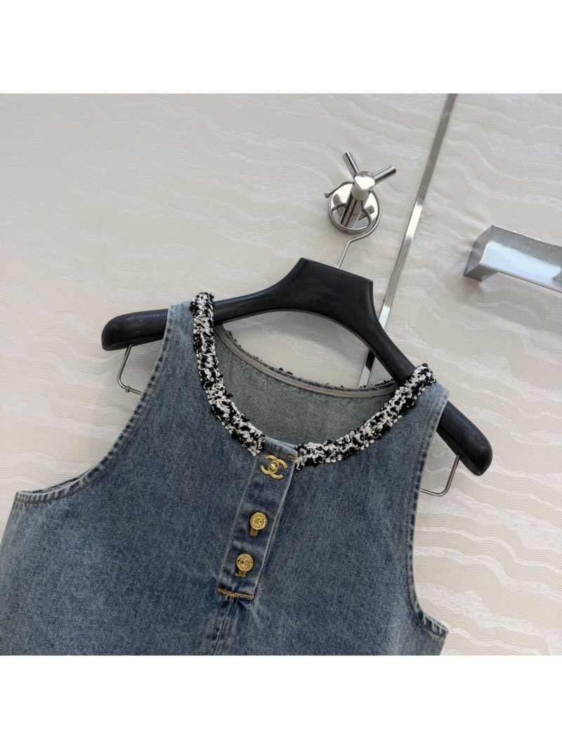 Chanel Vintage Washed Organic Cotton Denim Tweed-Trimmed Crop Top in Retro Blue