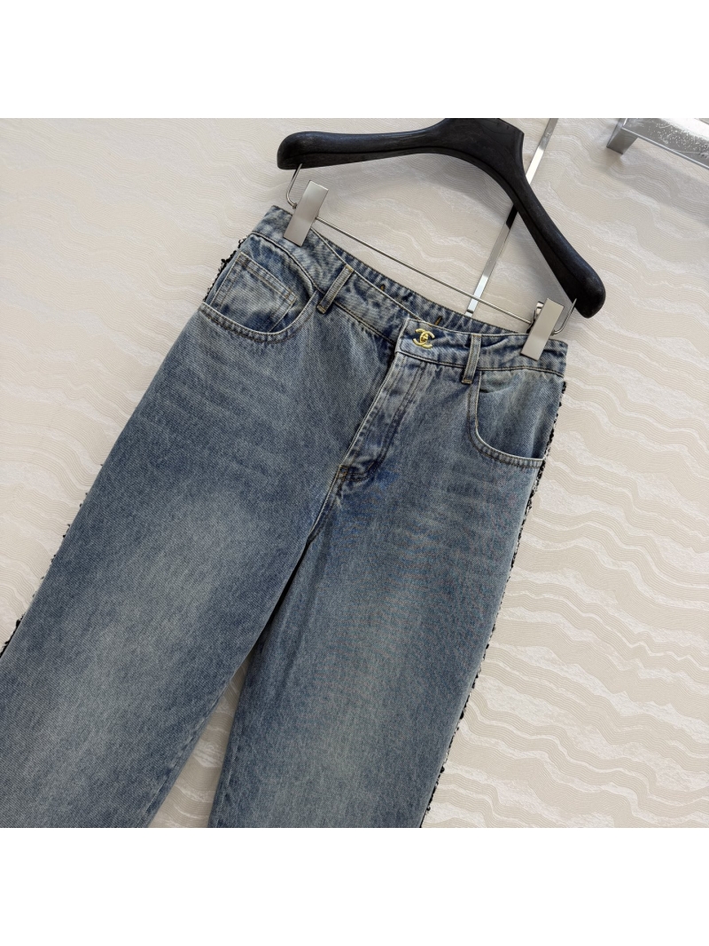 Chanel Organic Cotton Tweed-Trimmed Vintage Washed Straight-Leg Jeans