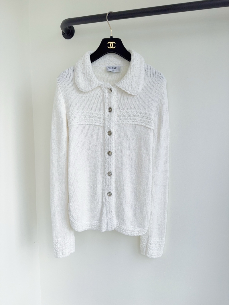 Chanel Mulberry Silk-Blend Knitted Cardigan in White with Signature Metallic Buttons
