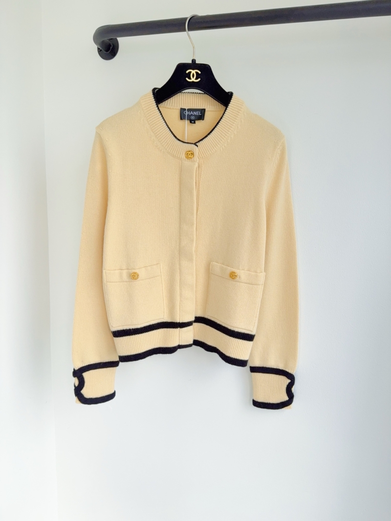 Chanel Sumptuous Cashmere Knit Cardigan with Contrast Trim and Gold-Tone Accents in Pale Cream