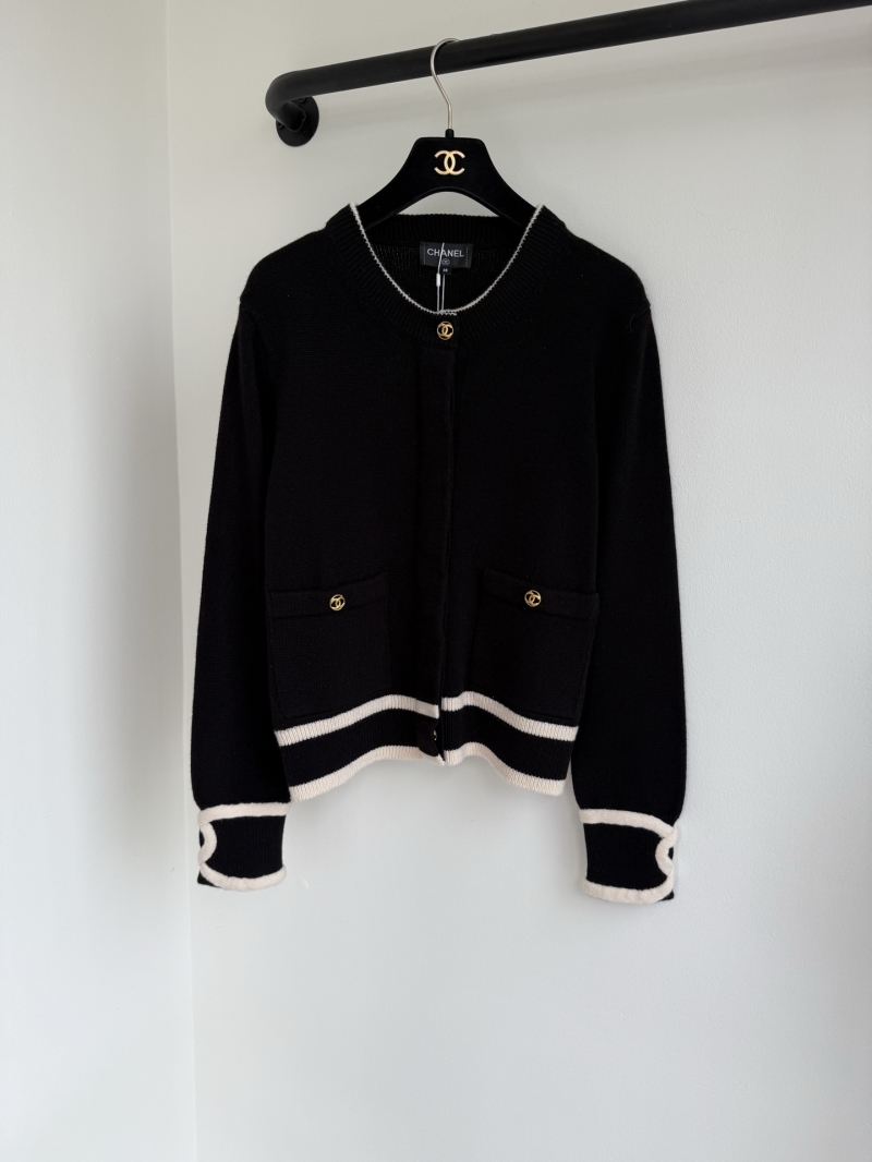 Chanel Signature Cashmere Knit Cardigan with Contrast Trim and CC Buttons - Black/Cream