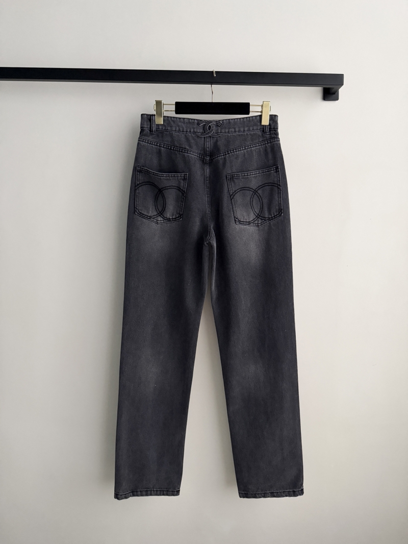 Chanel Washed Charcoal Grey High-Waisted Straight-Leg Jeans with Signature CC Logo Button