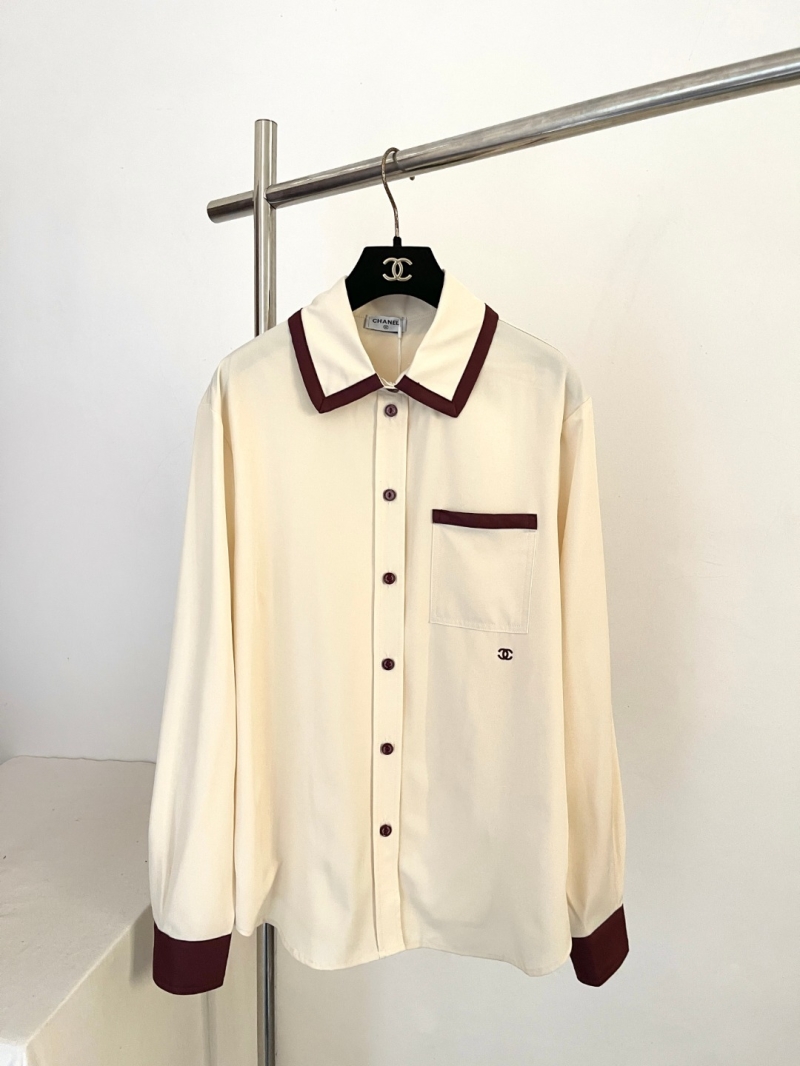 Chanel Exquisite Silk Contrast Pocket Blouse - Cream and Burgundy, Tailored Luxury, CC Logo, Silk Long-Sleeve Shirt