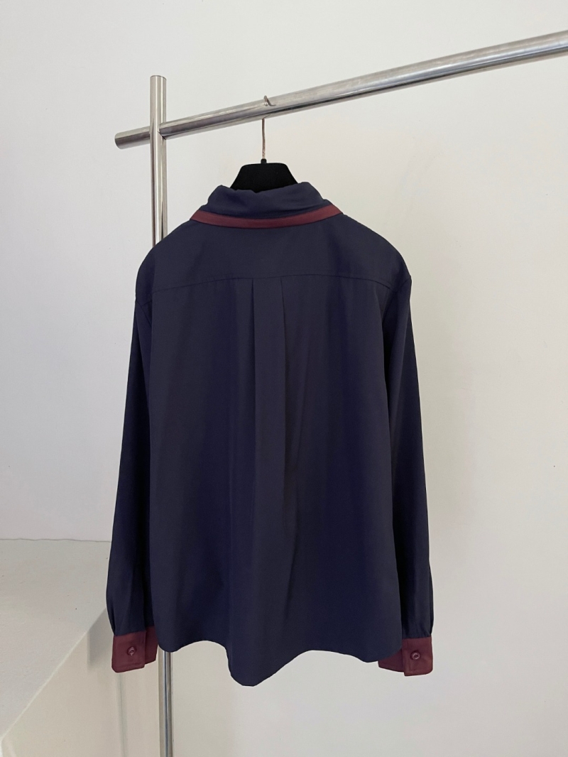 Chanel 26SS Silk Pocket Embroidery Long-Sleeved Pajama-Style Blouse in Navy Blue