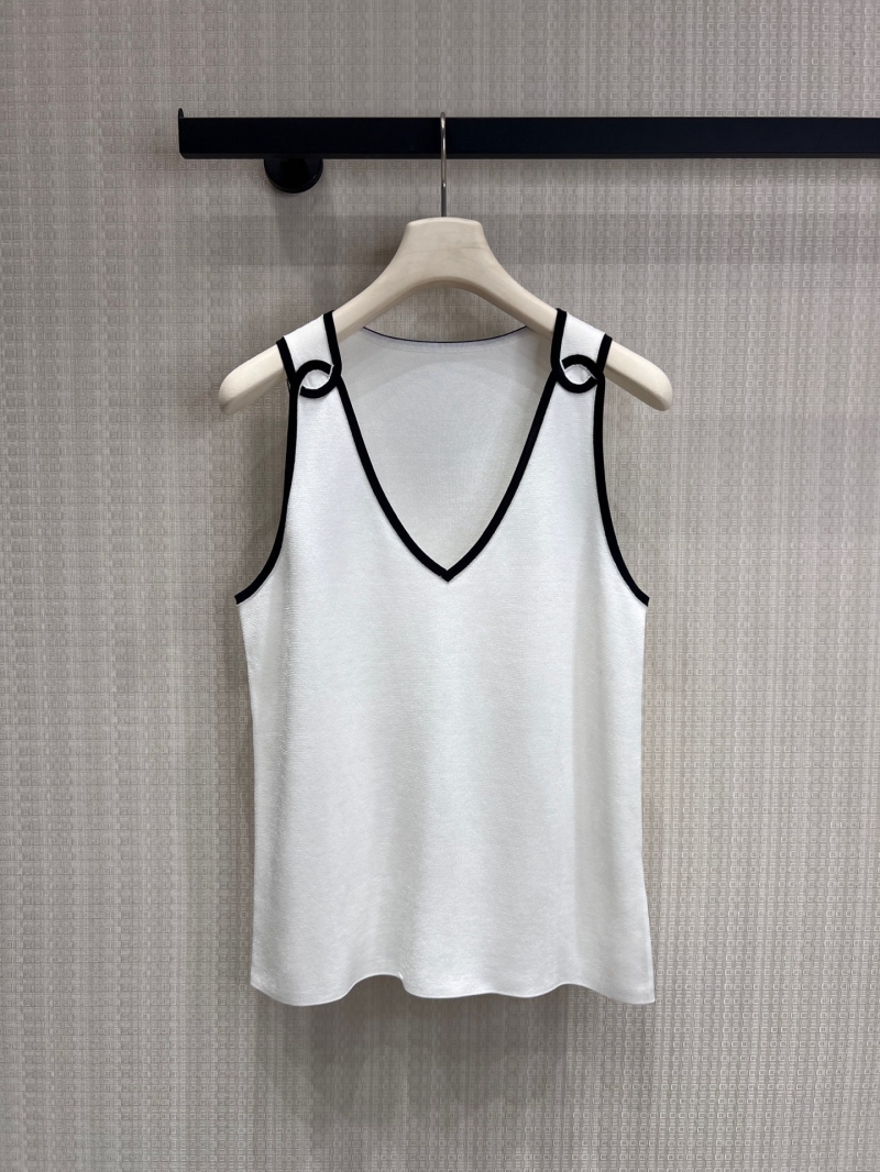 Chanel Contrast Trim V-Neck Knit Tank Top with Signature Ring Detail - White/Black
