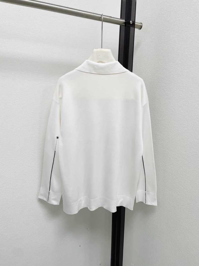 Chanel Long-Sleeved Polo Knit Sweater with Double C Logo Embroidery in White