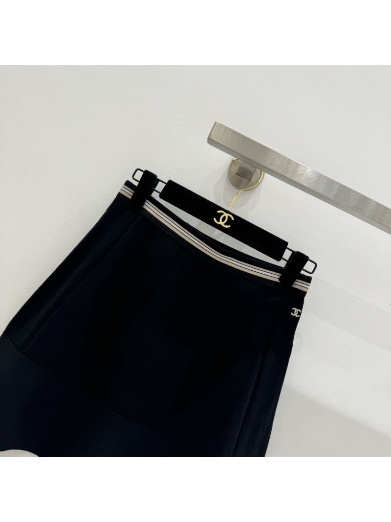 Chanel Signature A-Line Knit Skirt with Striped Waistband in Black