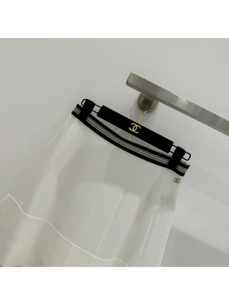 Chanel Signature White A-line Mini Skirt with Striped Waistband and Gold CC Logo
