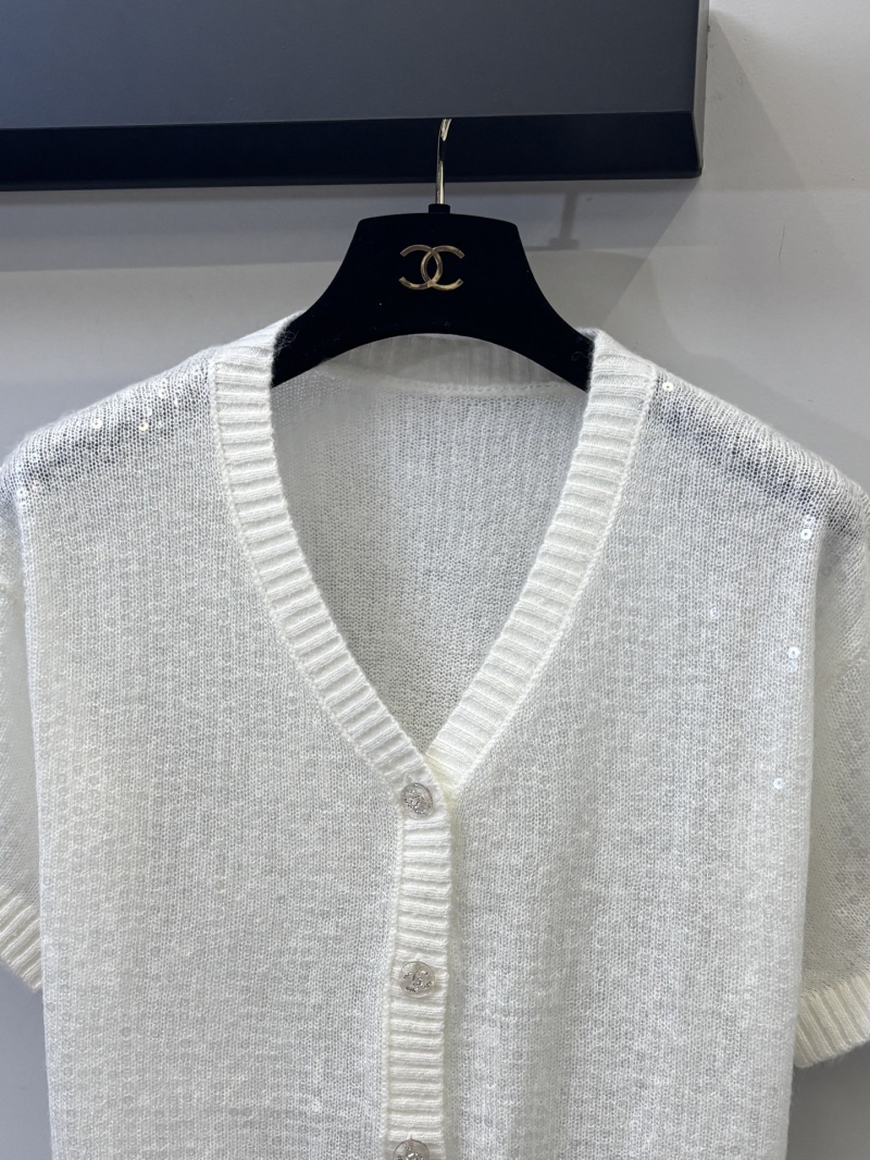 Chanel V-Neck Sequined Knit Cardigan - Exquisite Ribbed Detail in Crisp White