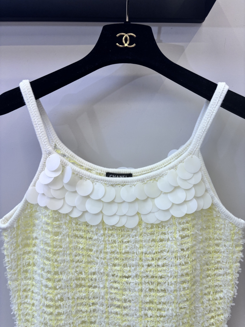 Chanel Pale Yellow Tweed-Style Knit Mini Dress with Sequin Petal Neckline