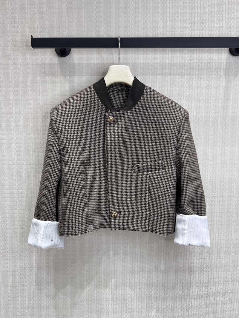 Chanel Micro-Houndstooth Cropped Jacket with Gold Crest Buttons in Taupe and Black