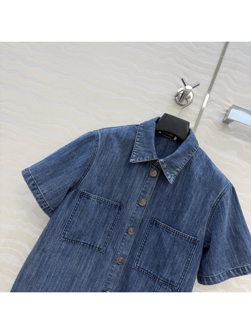 Chanel Vintage Enzyme Wash Denim Short-Sleeve Cargo Shirt