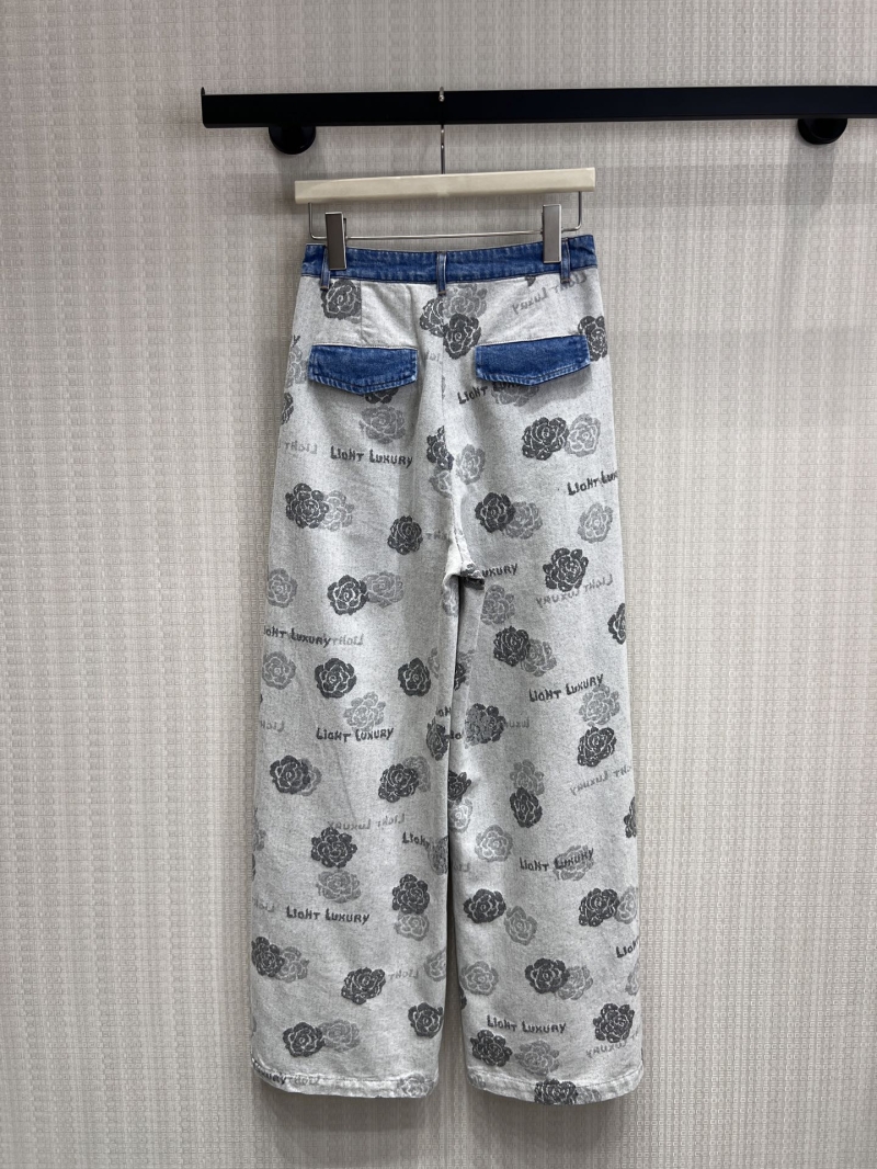 Chanel Camellia Jacquard Wide-Leg Trousers in Light Grey Denim Patchwork