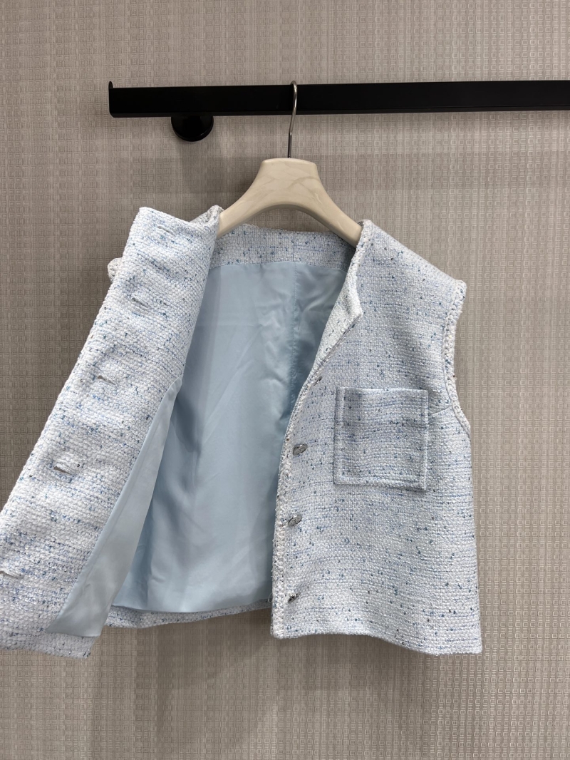 Chanel Icy Powder Blue Textured Tweed Sleeveless Vest Gilet with Signature CC Buttons