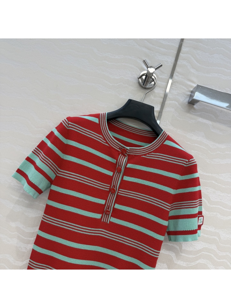 Chanel Exquisite Imported Yarn Striped Henley Knit Top in Red and Aqua