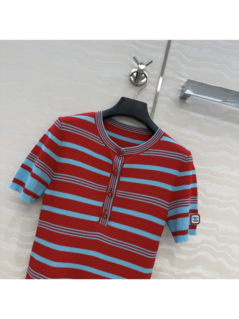 Chanel Signature Striped Imported Yarn 18-Gauge Swiss Knit Henley Top
