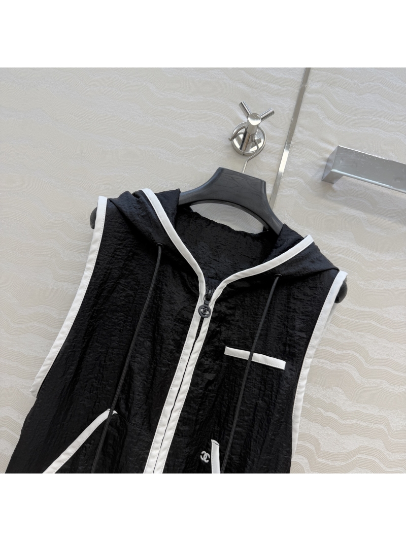 Chanel Coco Beach Collection Technical Silky Fabric and Leather Trim Hooded Vest