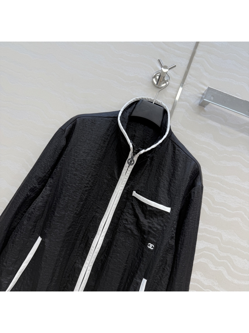 Chanel Coco Beach Technical Crinkled Fabric Contrast Piping Hooded Sport Jacket in Black
