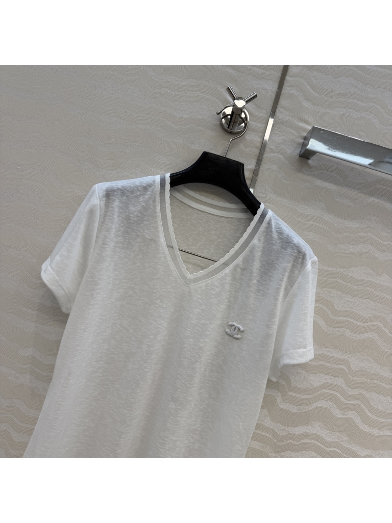 Chanel Signature Lyocell Tencel V-Neck T-Shirt with Scalloped Lace Trim