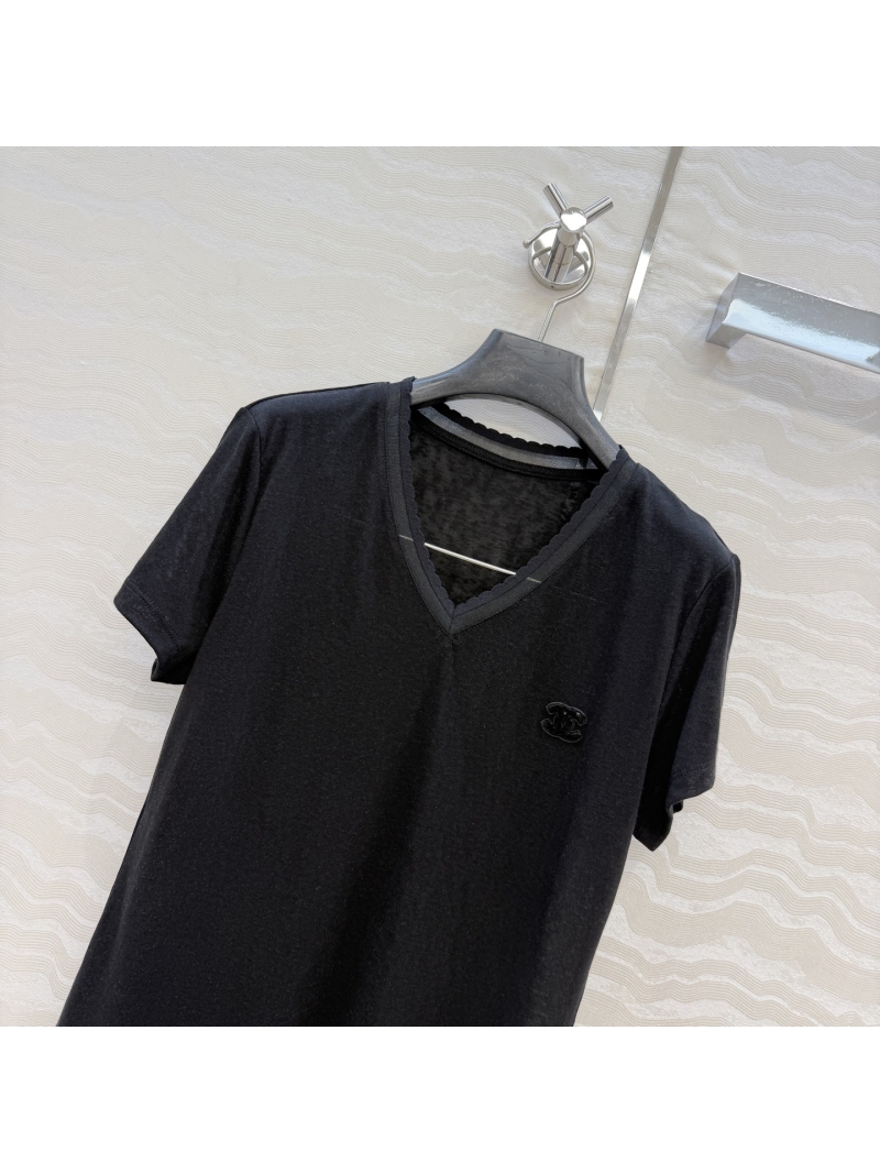 Chanel Lyocell Tencel Lace-Trimmed V-Neck Coco Girl T-Shirt in Black