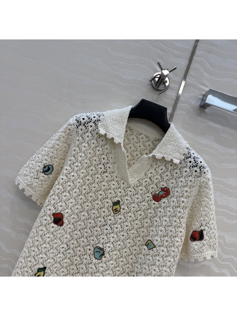 Chanel Custom Specialty Yarn Underwater World Embroidered Crochet Polo Top in Ivory