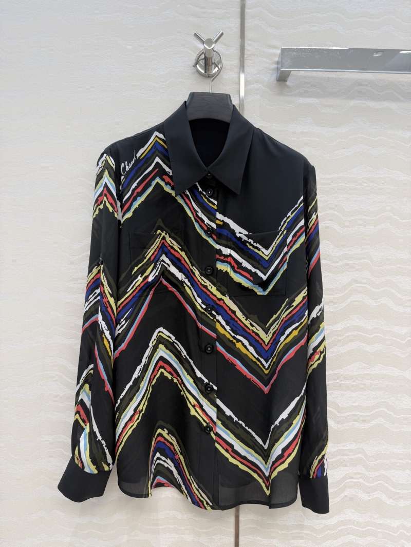 Chanel Coco Beach 100% Silk Crepe de Chine Colorful Wave Resort Shirt in Black Multicolor