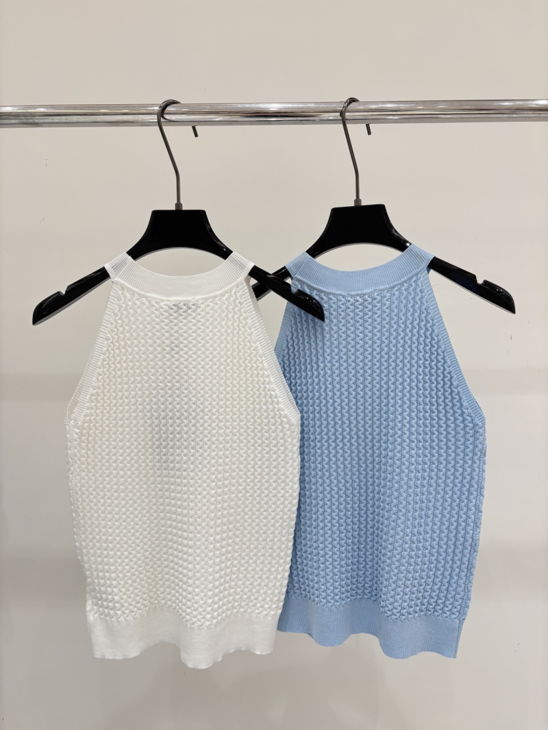 Chanel Textured Knit Sleeveless Vest Top with Embroidered Logo in White and Blue