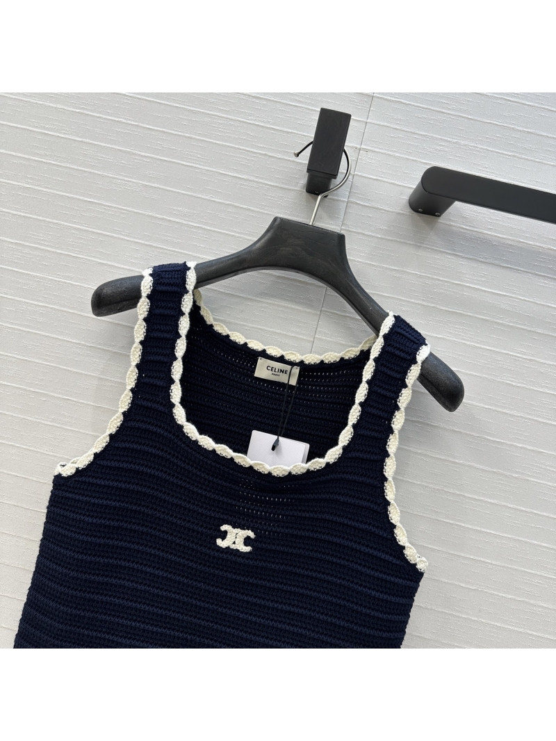 Celine 2025 Spring/Summer Navy Blue Crochet Vest - Luxe Elegant Design
