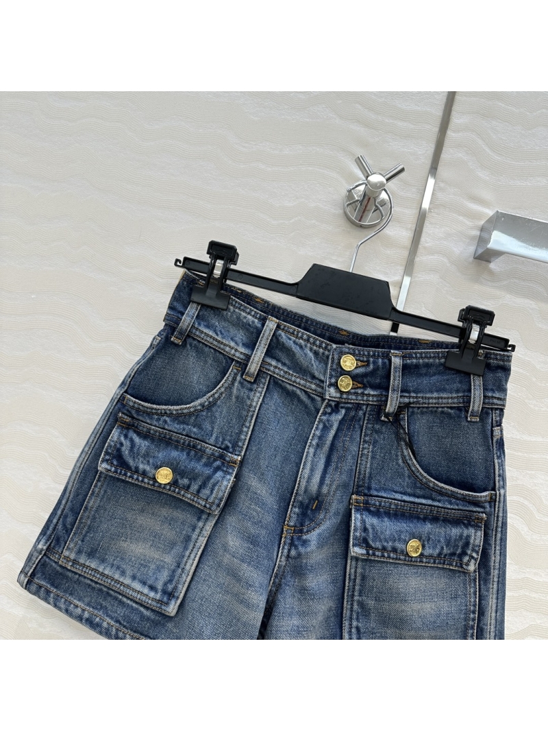 Celine Triumph Arch Metal Buckle Denim Shorts - Retro Wash Luxe Style