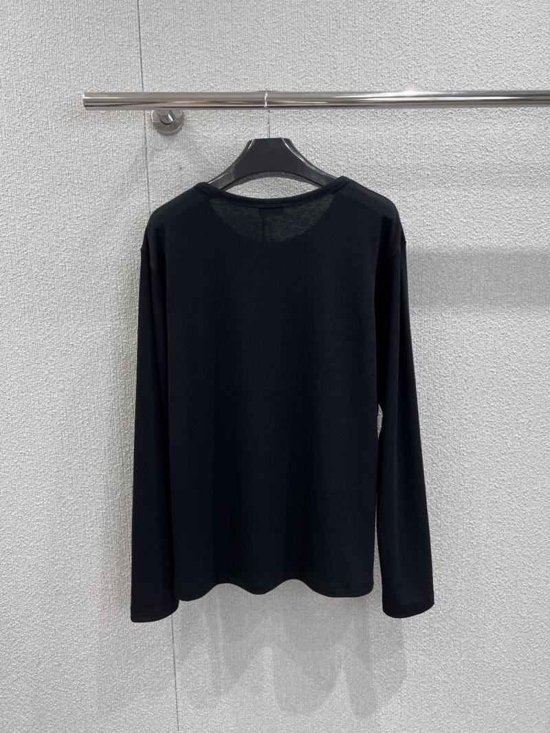 Celine Exclusive Early Fall Collection Triumph Arch Embroidered Logo Long-Sleeve Henley Shirt in Luxe Black