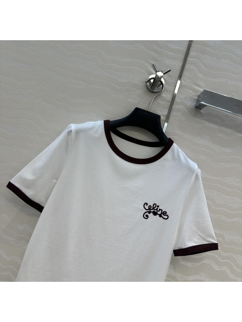 Celine Exclusive Limited Edition Embroidered Lettering Short Sleeve T-Shirt - Red Brown Trim, Luxe Cotton