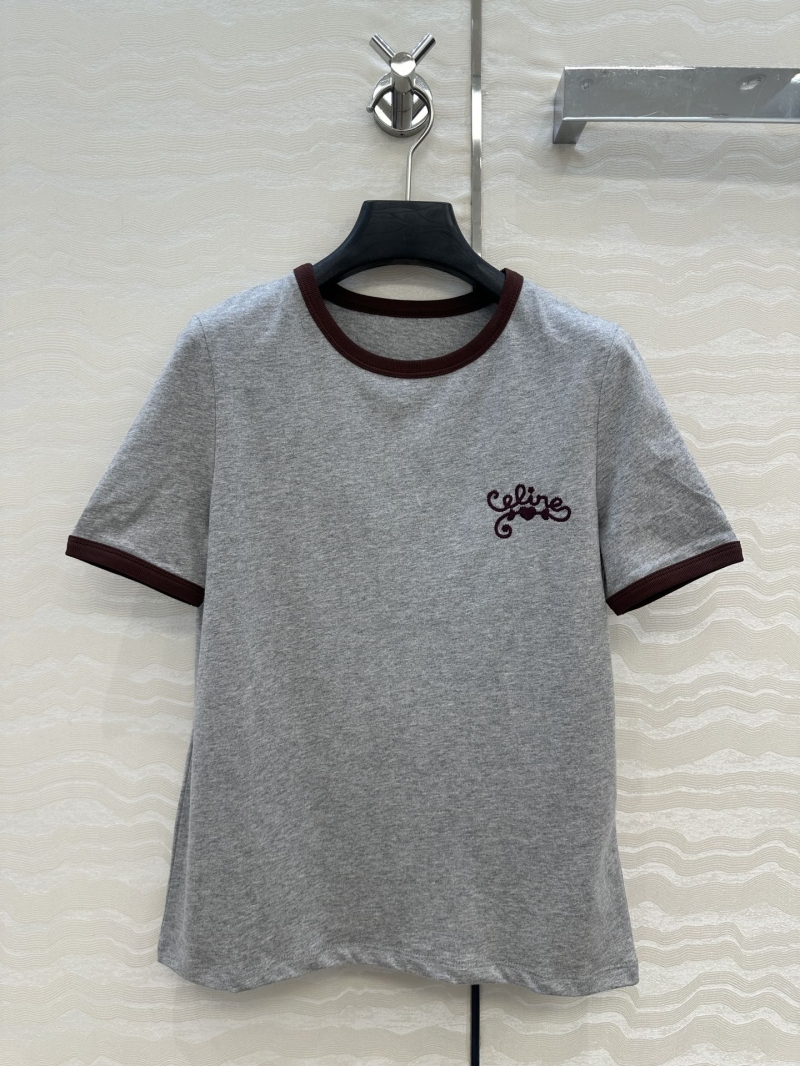 Celine Exclusive University Style Embroidered Short Sleeve T-Shirt in Grey