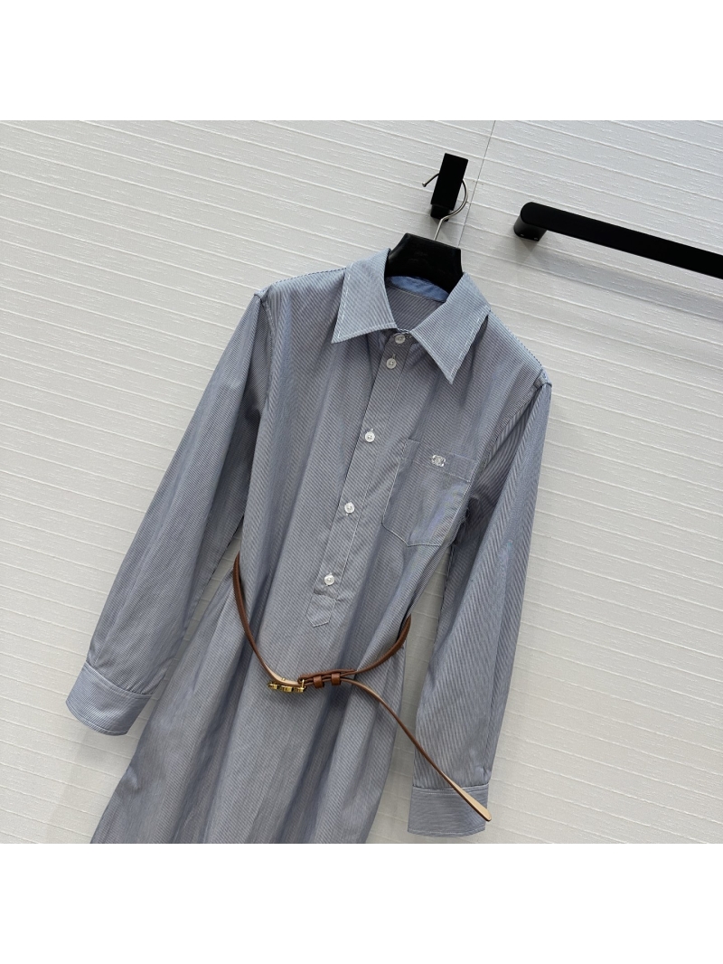 Celine Early Autumn Blue Striped Shirt Dress with Arc de Triomphe Gold Buckle Belt - H Silhouette