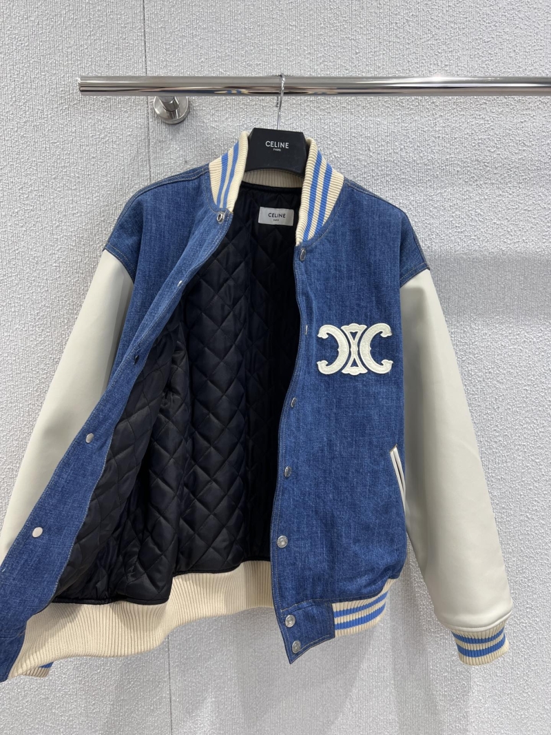Celine 25Fw Early Autumn Denim and Leather Varsity Bomber Jacket in Blue and White
