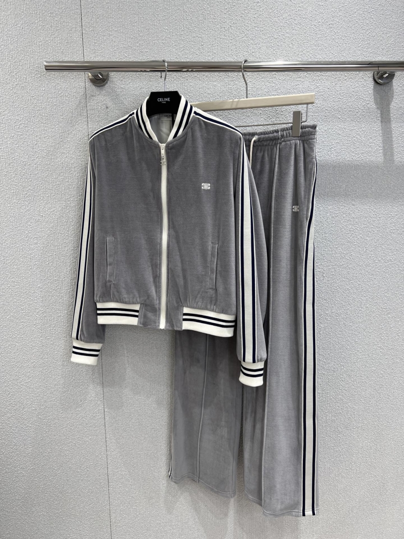 Celine Exclusive Velvet Bomber Jacket & Pants Set in Light Gray