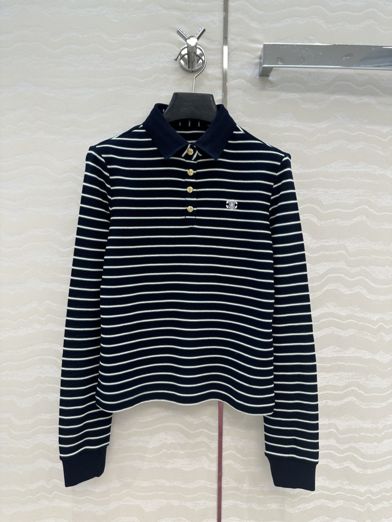 Celine Exclusive CE Striped Long Sleeve Polo Shirt - Custom Green, White & Blue Stripes with Arc de Triomphe Metal Buttons