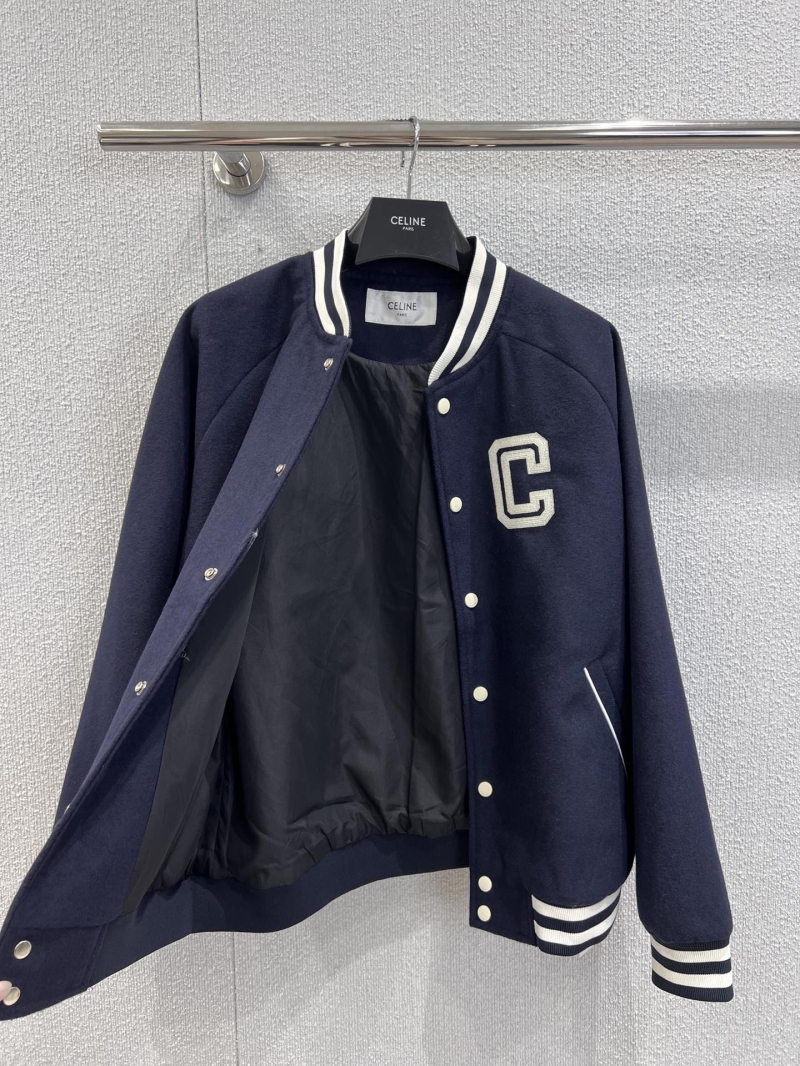 Celine Navy Wool-Blend Embroidered Logo Bomber Jacket | Luxe Unisex Casual Outerwear