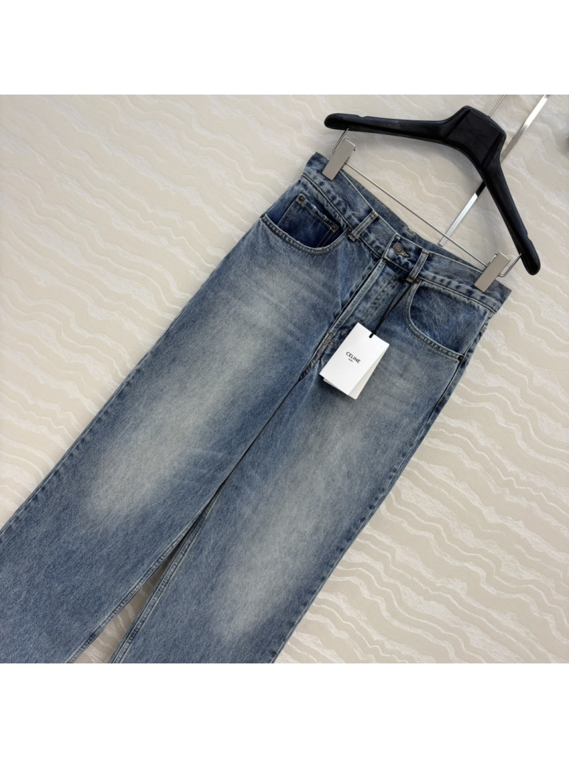 Celine Vintage-Washed Wide-Leg Jeans – Premium Imported Denim with Custom Leather Trim & Artisan Hardware