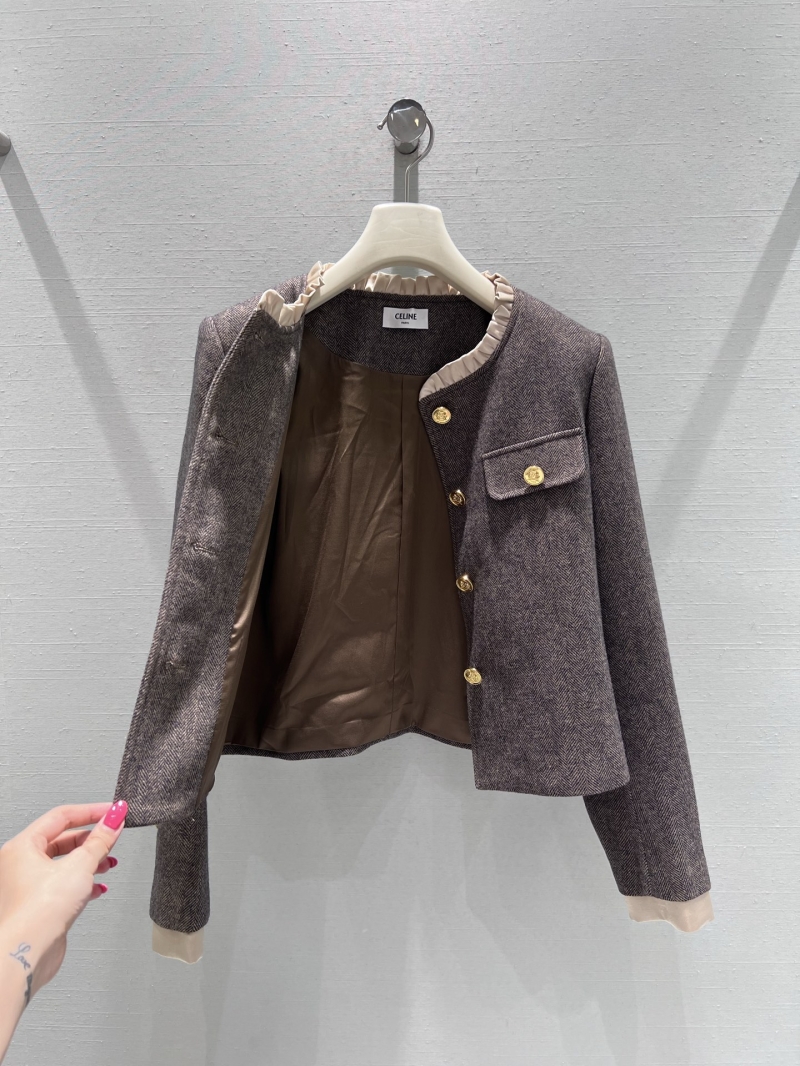 Celine Women's Cropped Tweed Blazer Set with Pleated Skirt - Dark Charcoal Gray Herringbone, Gold Buttons, Cream Satin Trim